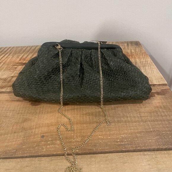 031 Anthropologie Woven Leather Clutch Dark with Chain NWT Emerald Green Leather - Picture 2 of 10